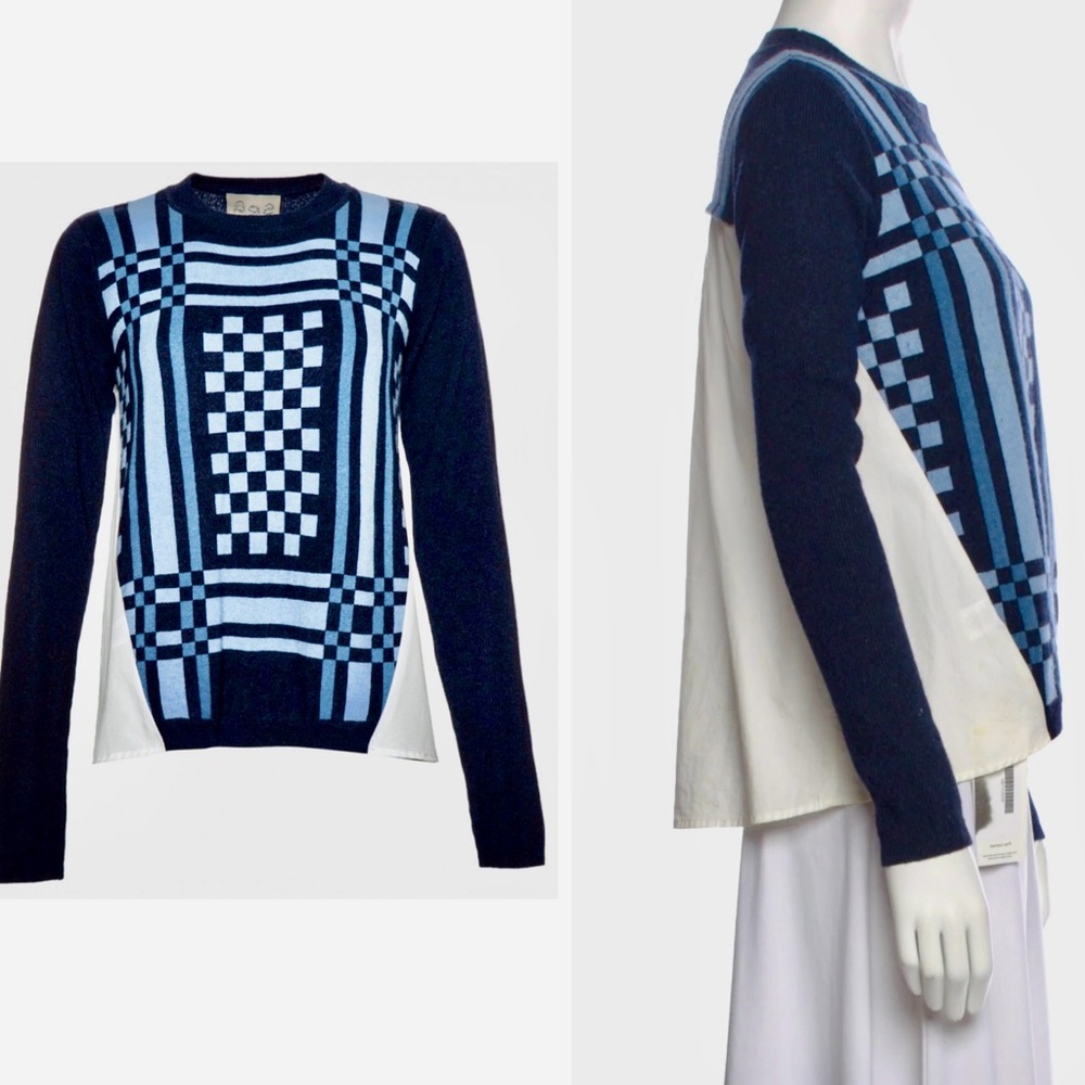 SEA NEW YORK Checkered Navy Blue Checkered Sweater Attached White Pleated Shirt